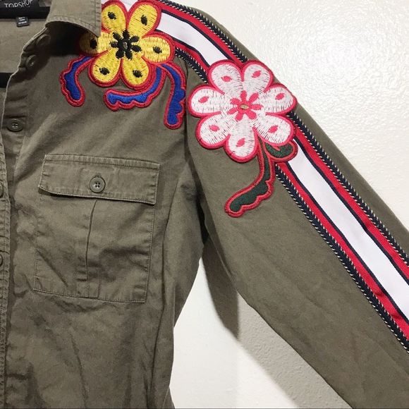 TopShop Floral Embroidered Olive Military Jacket - Picture 3 of 8